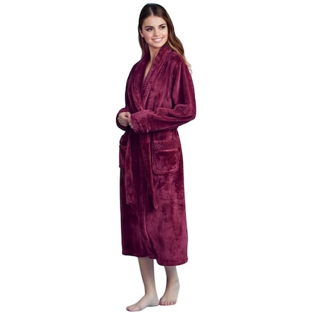 Women Plush Shawl Collar Robe, Fleece Bathrobe, Red XXL/One Size